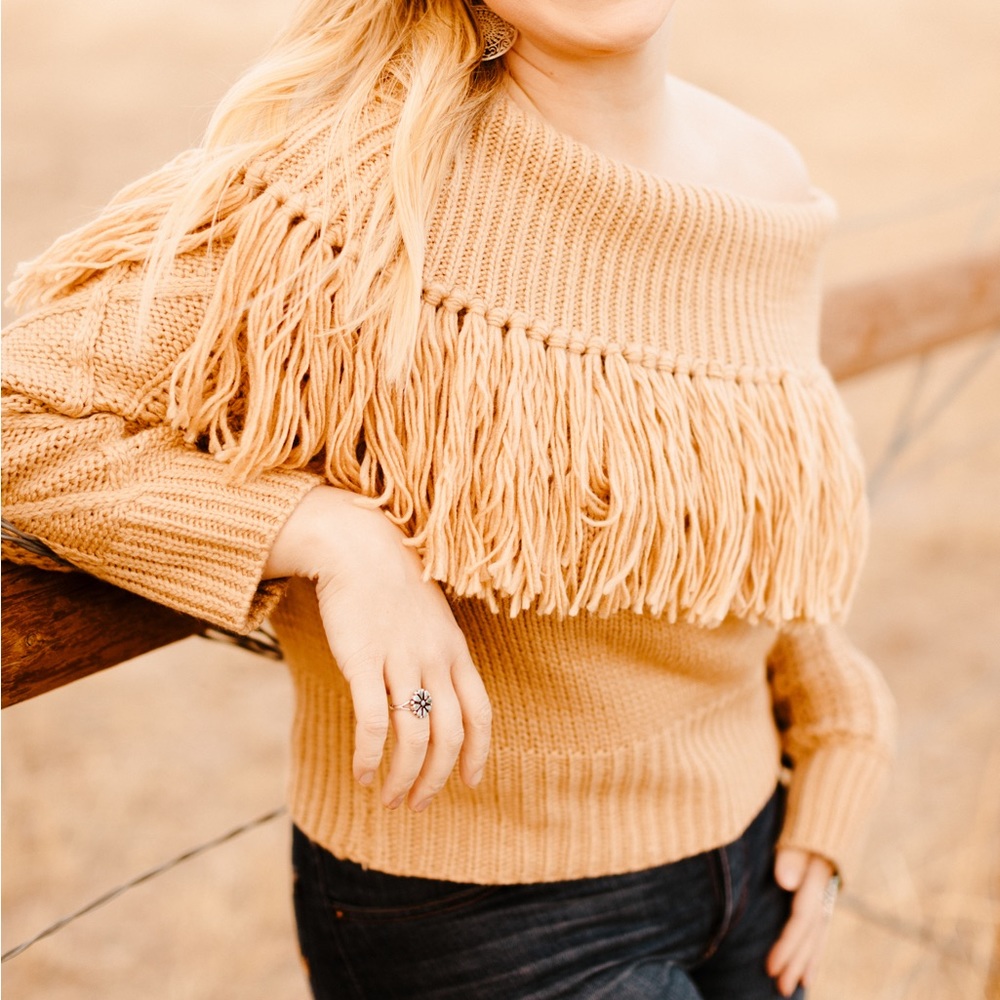 Blue B Off the Shoulder Fringe Sweater
